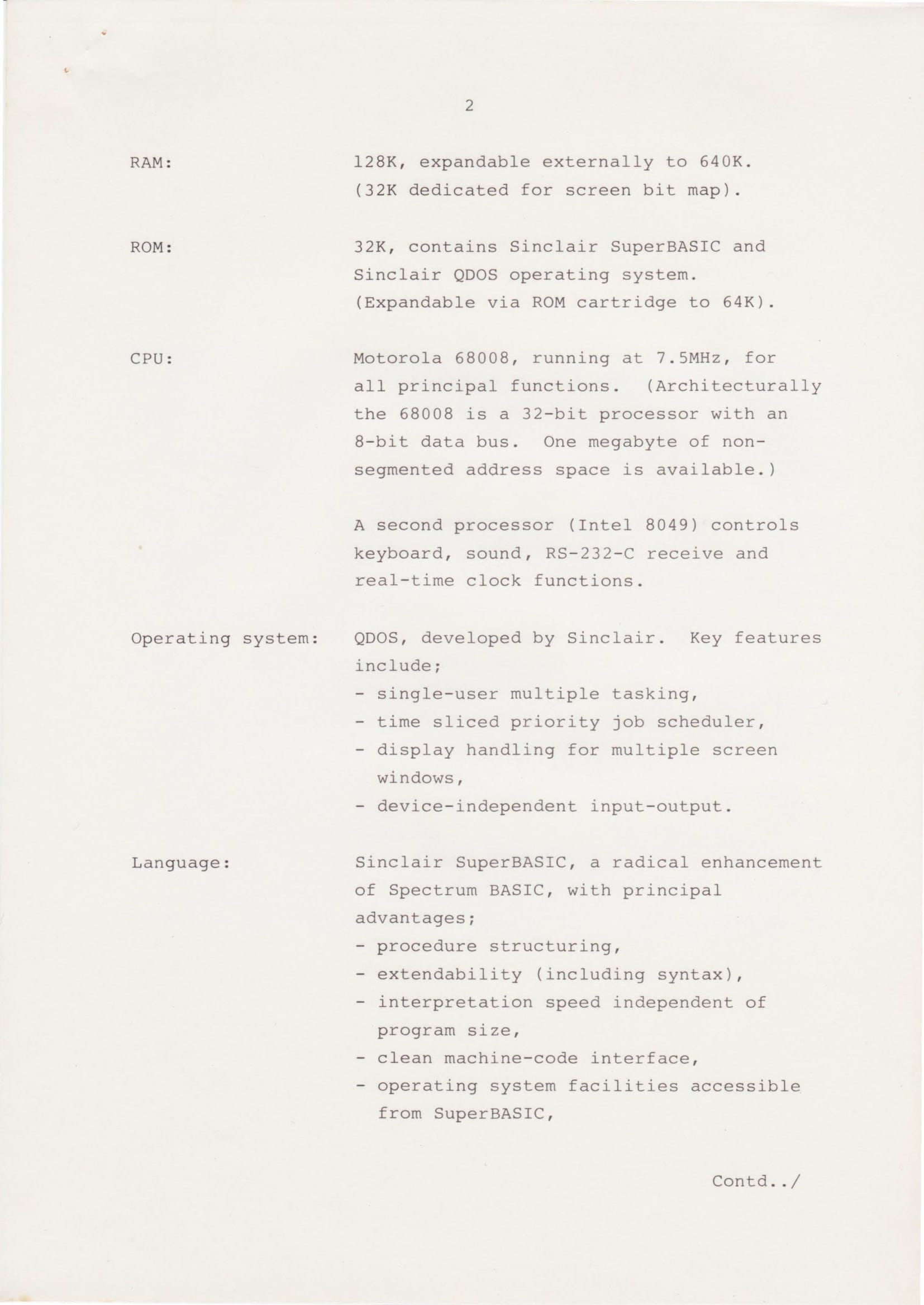 Sinclair QL Launch Press Kit page 18