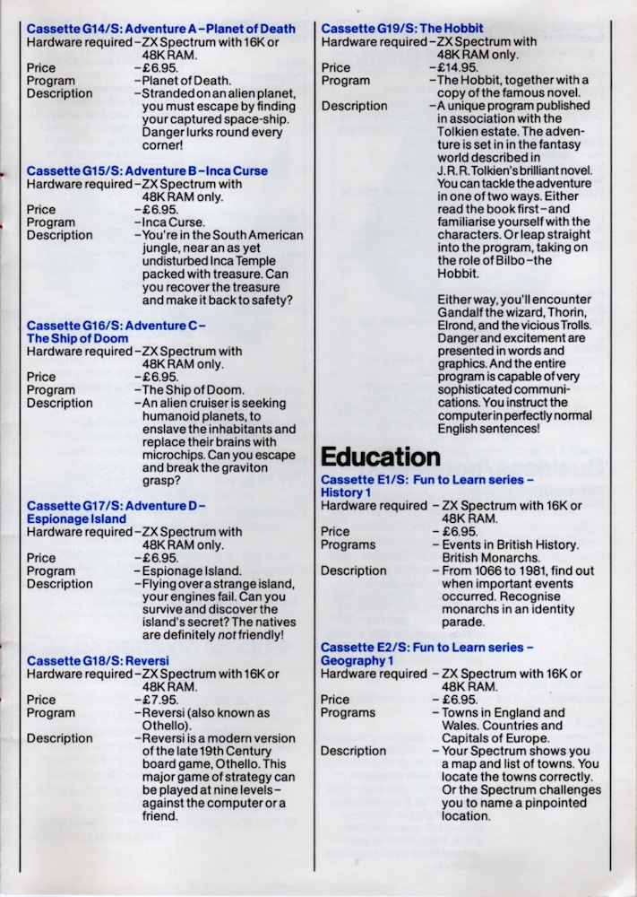 ZX Spectrum Software Catalogue September 1982